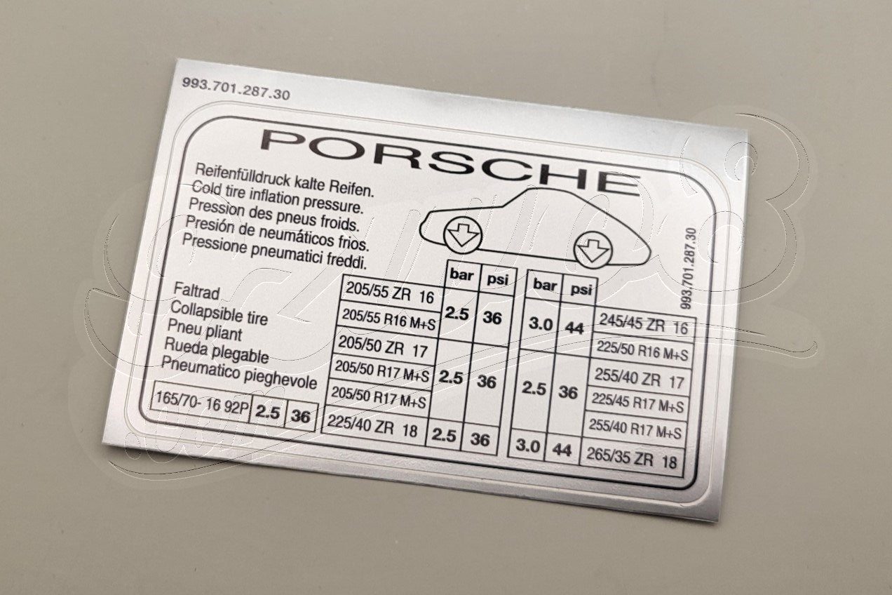 Autocollant pression des pneus Porsche 993 99370128730